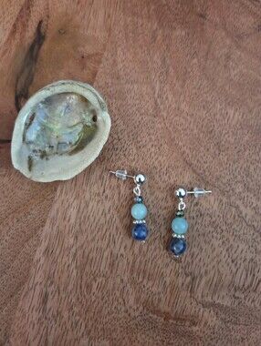 Blue & Silver Drop Earrings with Aqua and Navy Beads Fairy Boho Artsy Gift Posts